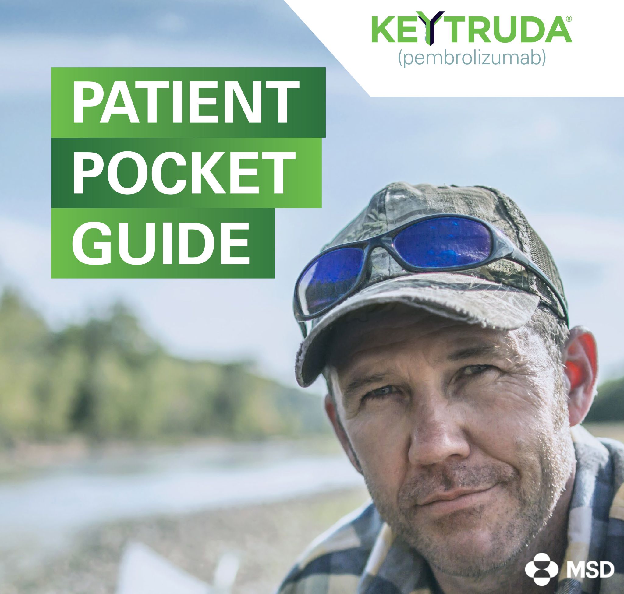 The cover of the Keytruda Patient Pocket Guide, where a middle-aged man posing near a lake, looks straight ahead with a neutral expression.