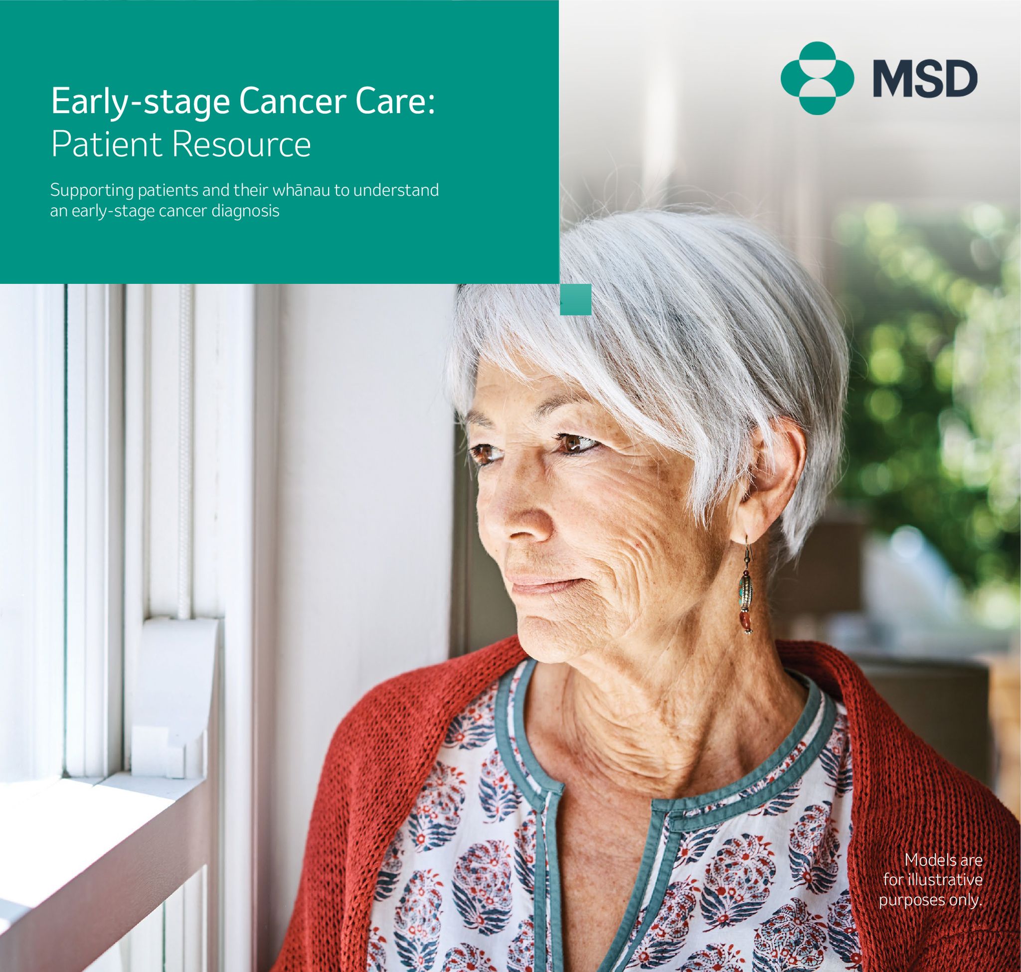 The cover of the Early stage Cancer Patient Booklet, where a grey-haired woman is looking pensively into the distance.