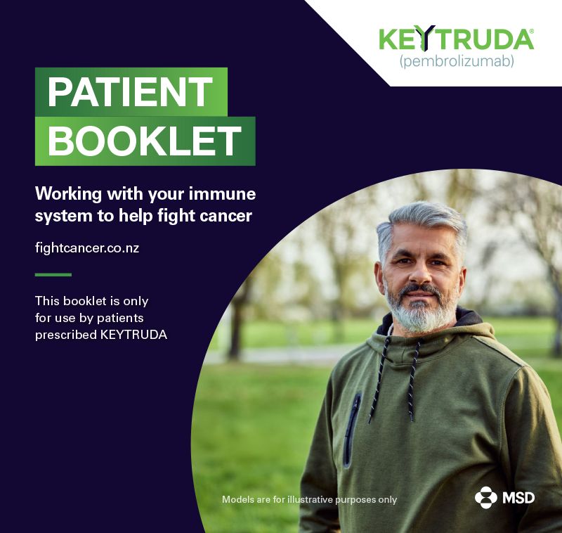Image of the Keytruda patient booklet with the title “working with your immune system to help fight cancer” and a representative image of a middle-aged male patient.